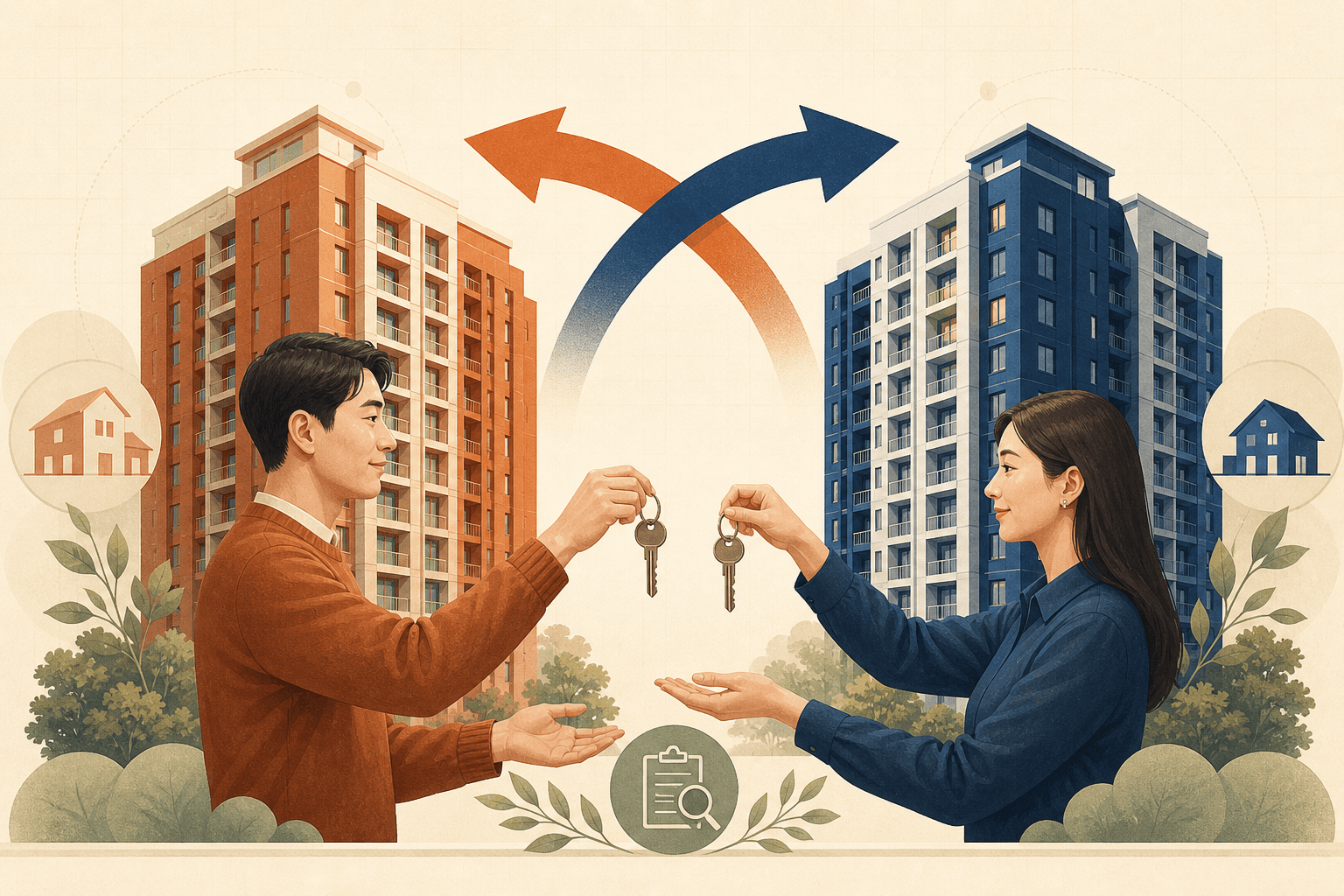 두 아파트 사이에서 각자의 집 열쇠를 맞교환하는 모습