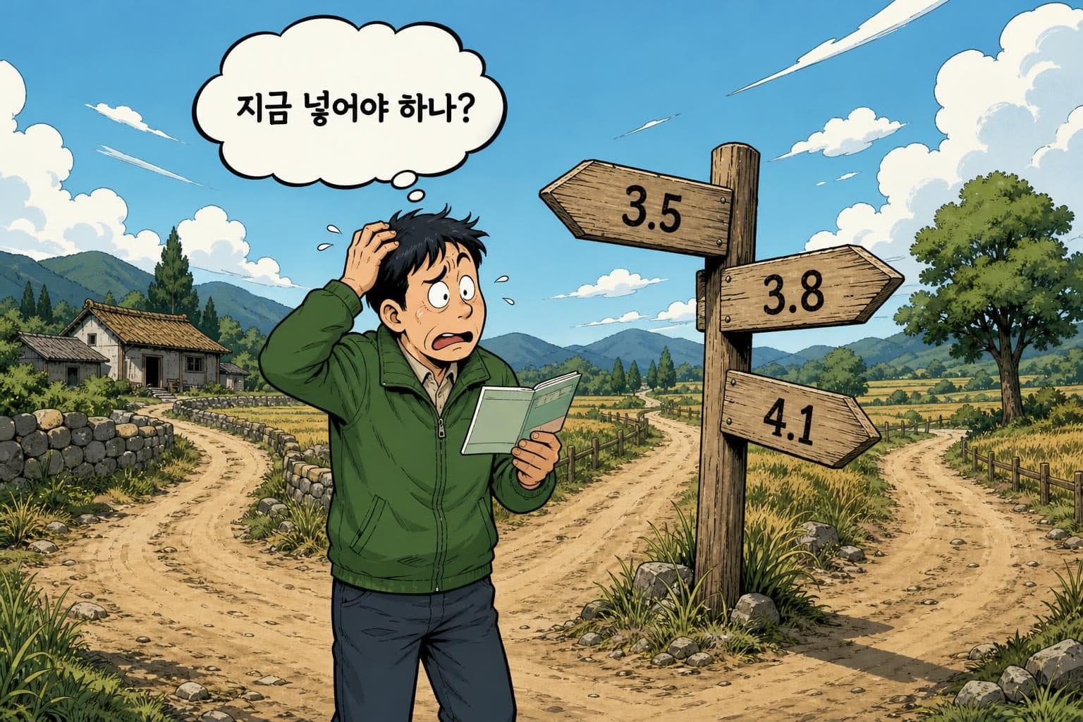 시골 갈림길에서 통장을 들고 3.5·3.8·4.1 이 적힌 이정표 앞에 선 남자, 지금 넣어야 하나 고민하는 장면