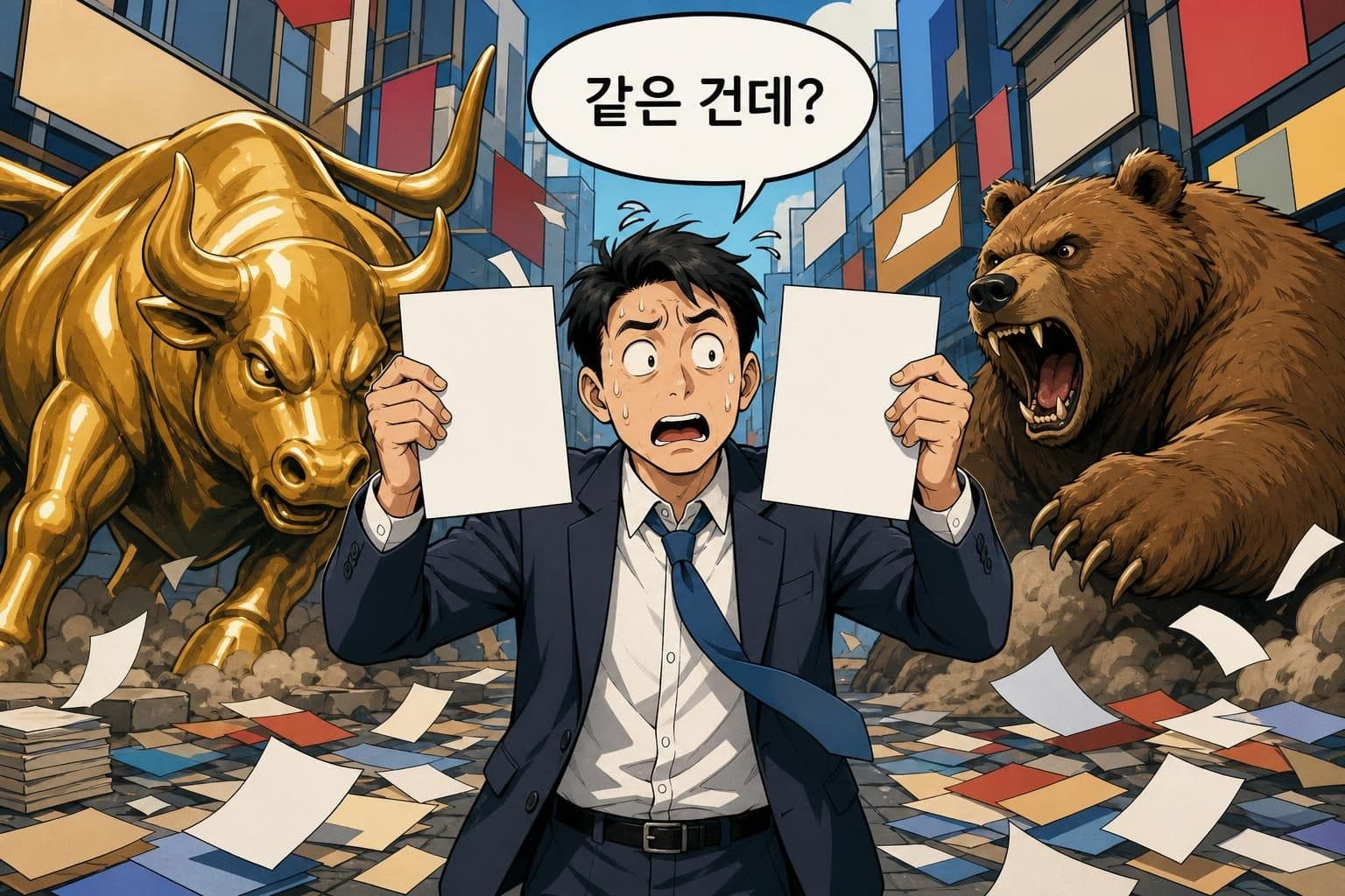 똑같아 보이는 서류 두 장을 들고 황소와 곰 사이에서 당황한 직장인, 같은 건데 하고 묻는 장면