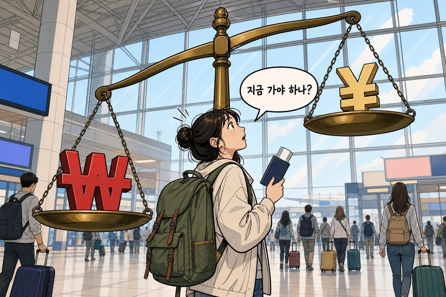 공항에서 원화와 엔화가 놓인 저울을 올려다보는 여행객, 지금 가야 하나 고민하는 장면